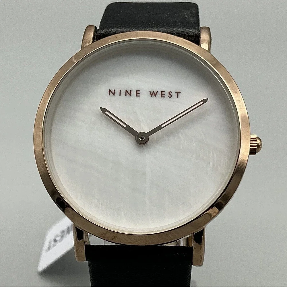 Nine West Womens Watch 36mm Rose Gold Tone MOP Dial Black Strap NWWM0401L